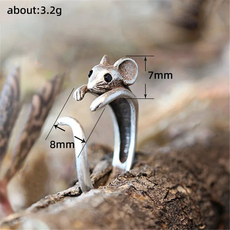 Huitan Vintage Mouse Animal Finger Ring for Women Antique Silver Color Gothic Knuckle Rings Fancy Gift 2023 Hot Jewelry