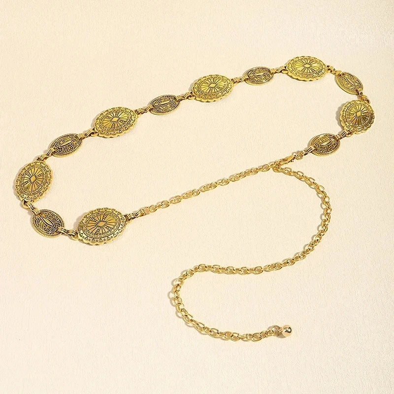 Retro Metal Waist Chain for Women Carved Round Decorative Belt Fashion Waist Jewelry Dress Accessories