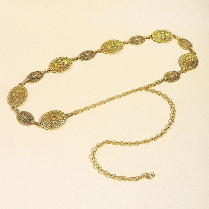 Retro Metal Waist Chain for Women Carved Round Decorative Belt Fashion Waist Jewelry Dress Accessories