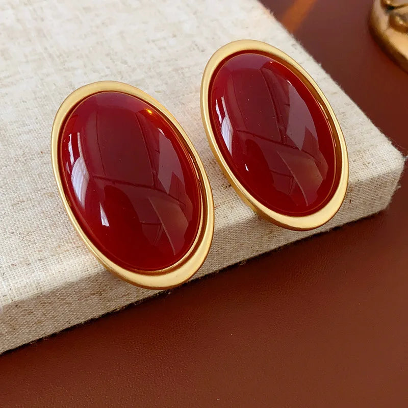 Vintage Red Resin Women's Earrings Stud Earrings Luxury large Geometric Oval earrings Party Wedding Ear Jewelry - wine red