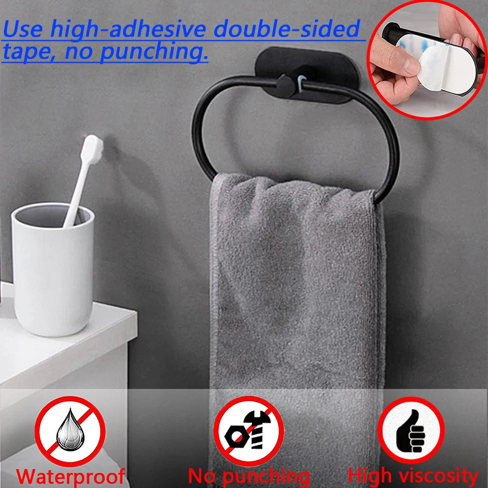 Stainless Steel Towel Holder Self-adhesive Bathroom Towels Rack Black Washhand Hanger Ring Rail Bar Kitchen Storage Accessori