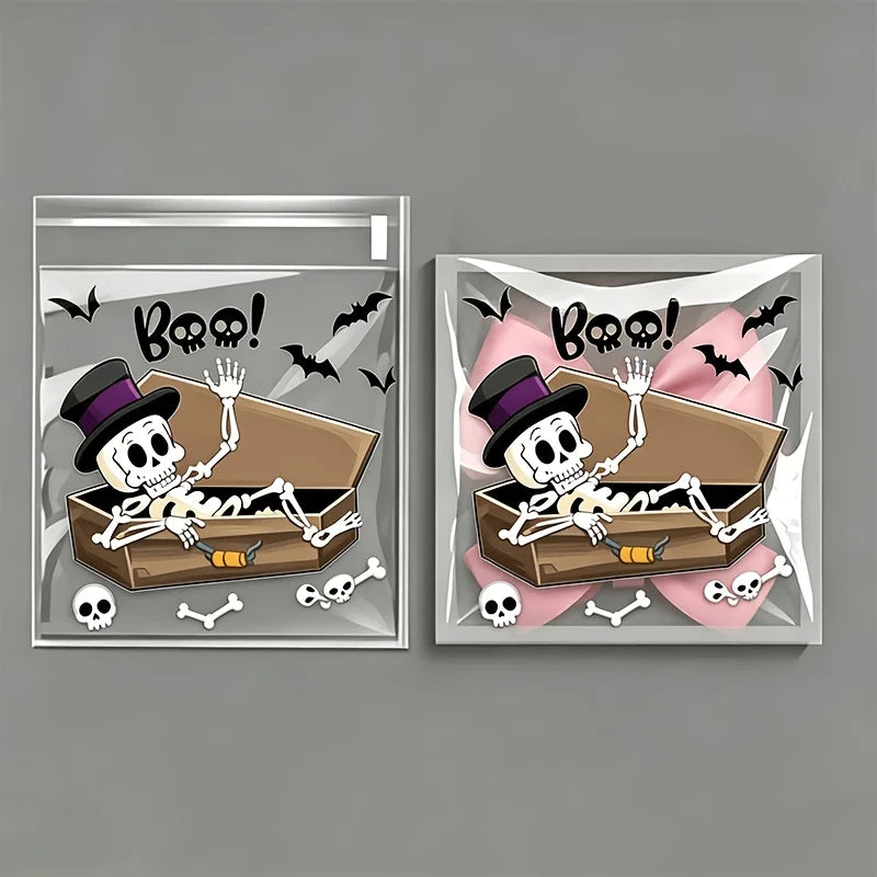 100Pcs Small Halloween Treat Bags,Clear Self Adhesive Candy Bags, Plastic Cookie Bags for Trick or Treat, Halloween Goodie Ba