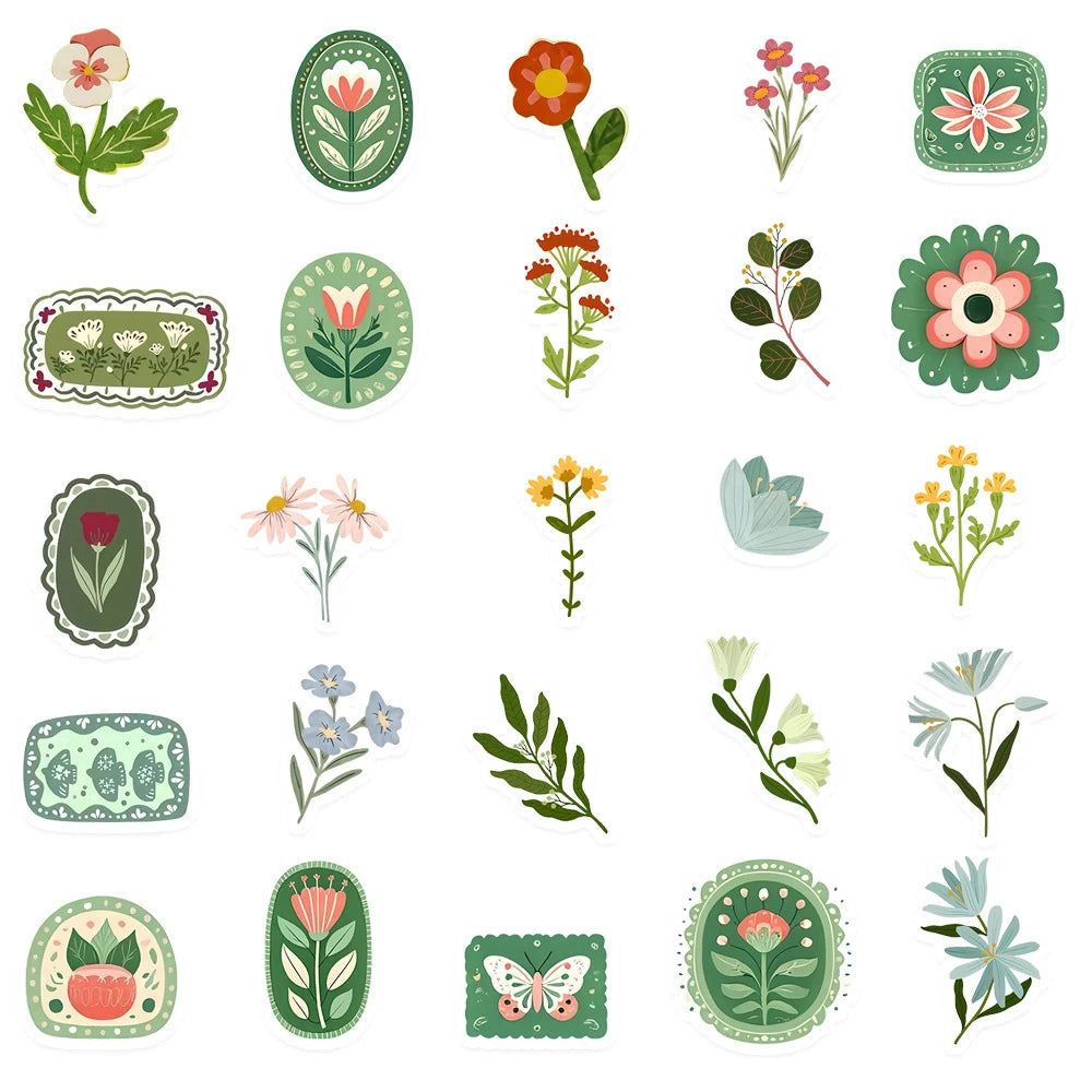 10/30/50pcs Vintage Floral Plant Cartoon Stickers Aesthetic Waterproof Graffiti Stationery Diary Planner Retro Decoration Dec