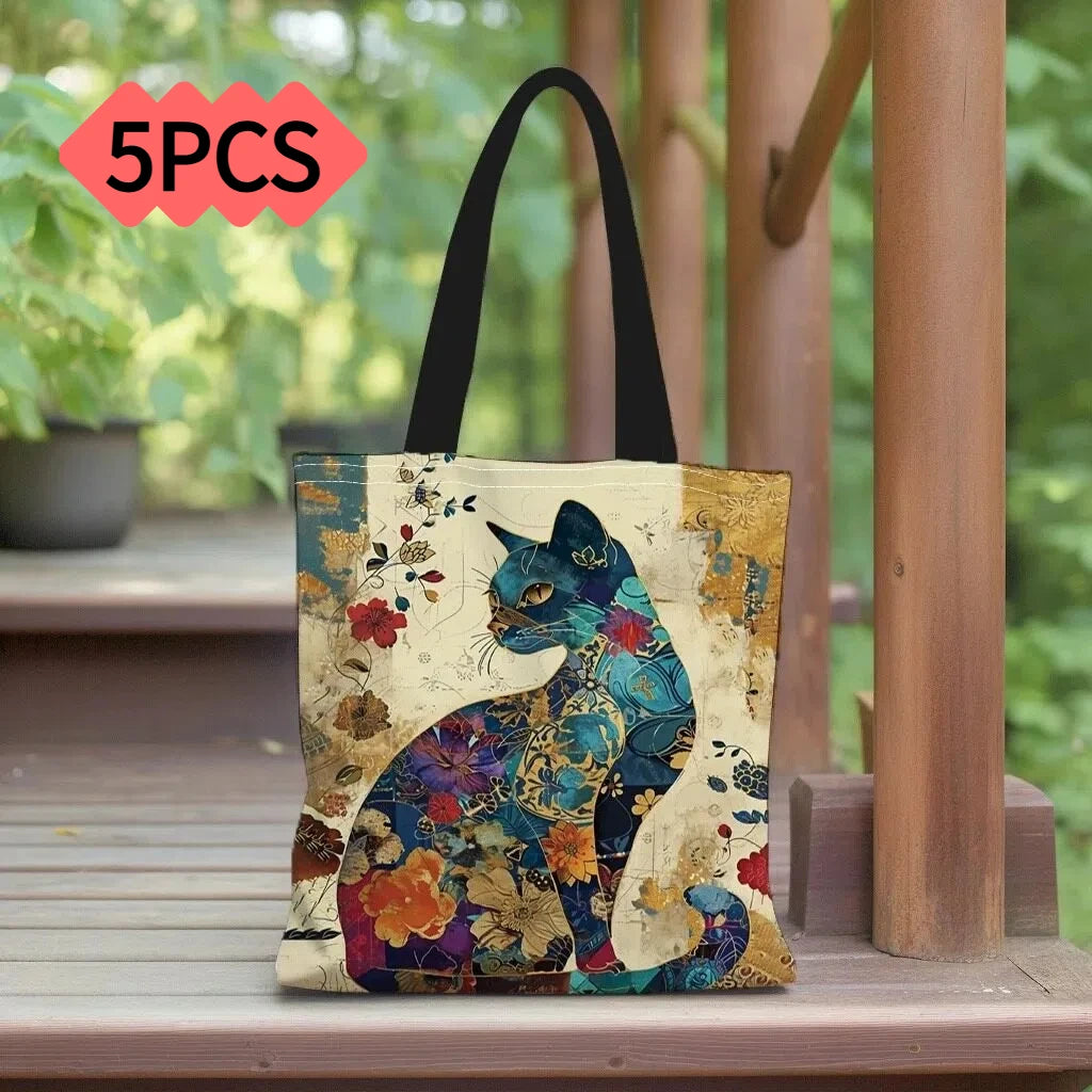 1/5/10pcs Floral Cat Pattern Tote Bag, Aesthetic Canvas School Shoulder Bag, Lightweight Grocery Shopping Bag - Floral Cat 5p