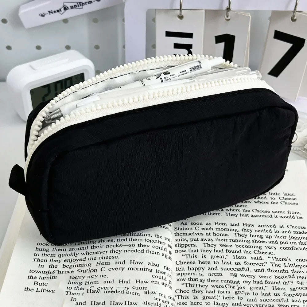 Simplicity Solid Color Pen Bag Zipper Design Large Capacity Pencil Case Portable Stationery Bag Gift - Black White