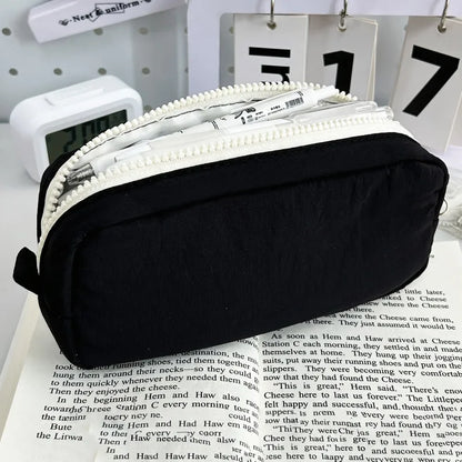 Simplicity Solid Color Pen Bag Zipper Design Large Capacity Pencil Case Portable Stationery Bag Gift - Black White