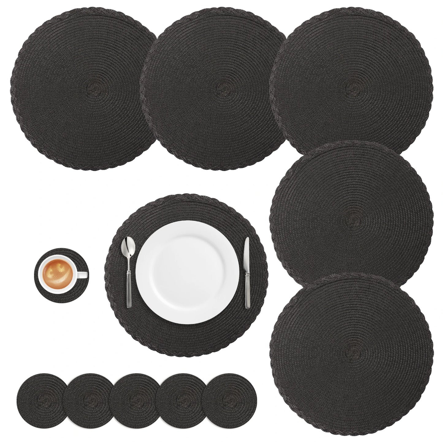 Round Braided Placemats Set of 6 Washable PP/PET Heat Resistant 34cm Table Place Mat for Kitchen Xmas Dining Table Party Deco