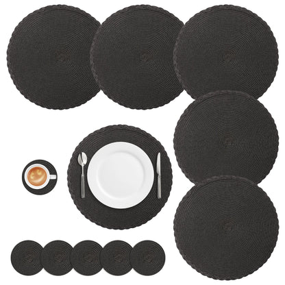 Round Braided Placemats Set of 6 Washable PP/PET Heat Resistant 34cm Table Place Mat for Kitchen Xmas Dining Table Party Deco