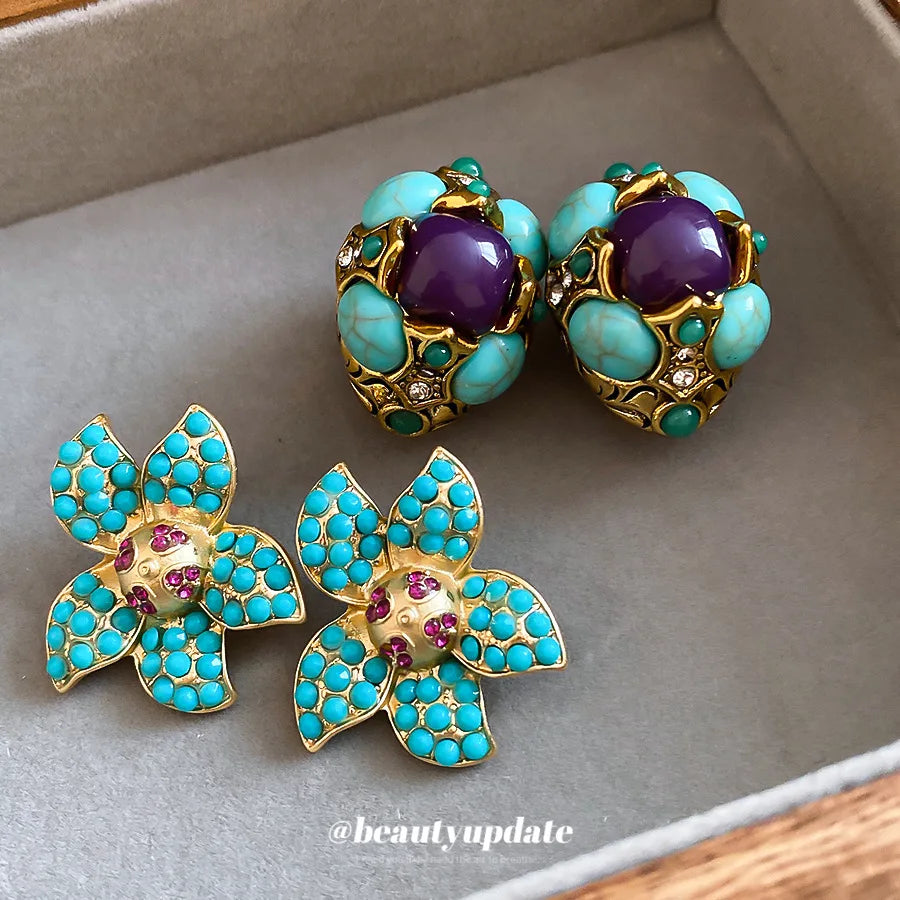 Vintage Resin Stone Crystal Stud Earrings Retro Luxury Temperament Ear Jewelry