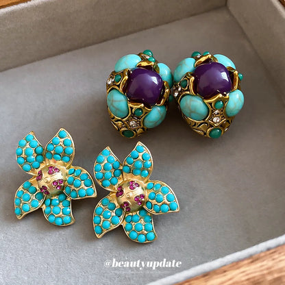 Vintage Resin Stone Crystal Stud Earrings Retro Luxury Temperament Ear Jewelry