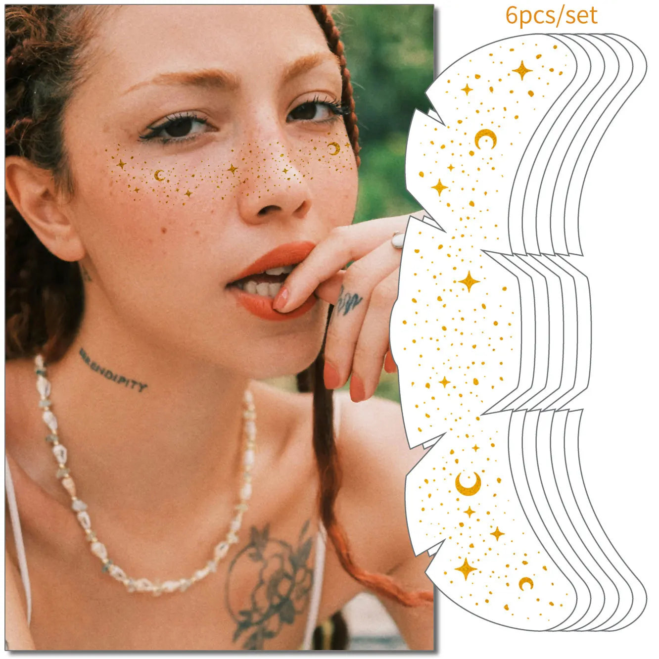 6pcs Freckle Tattoo Stickers Gold Silver Metallic Temporary Tattoo Stickers For Women Glitter Face Decals for Music Festival 