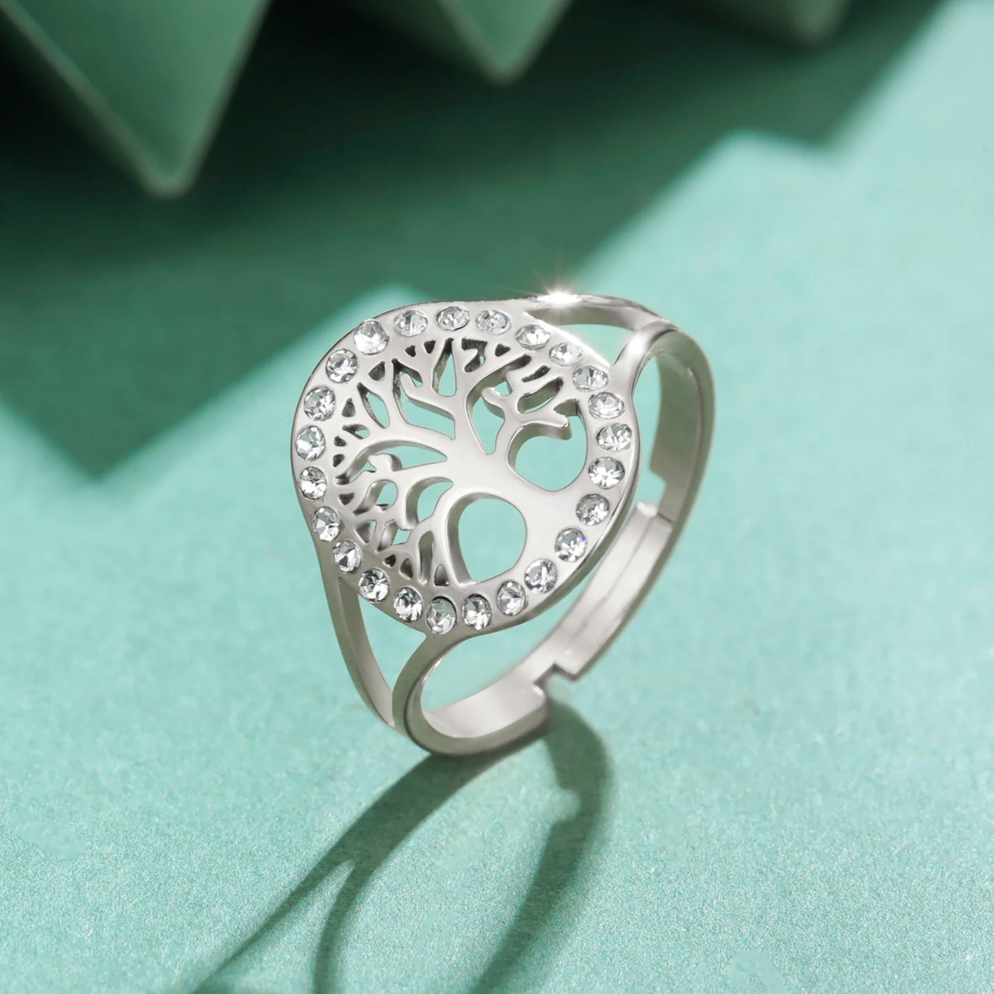 Skyrim Tree of Life Clear Zircon Round Ring Stainless Steel Gold Color Adjustable Women Finger Rings Amulet Jewelry