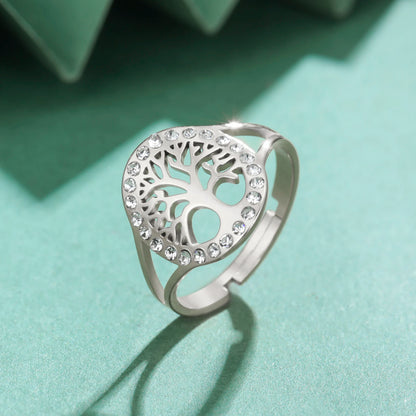 Skyrim Tree of Life Clear Zircon Round Ring Stainless Steel Gold Color Adjustable Women Finger Rings Amulet Jewelry