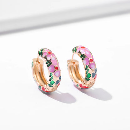 Vintage Enamel Flowers Cute Huggies Hoop Earrings for Women Classic Colorful Engraved Round Circle Ear Buckle Retro Brincos -