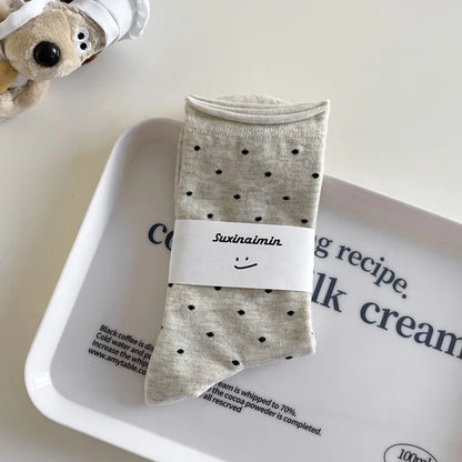 Women's spring summer thin vintage cream curled-edge women's socks polka dot mid-tube socks artistic socks women - 3