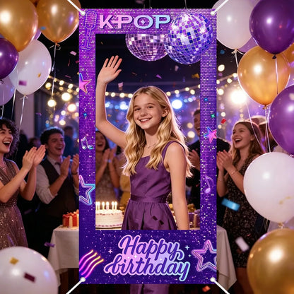 1pc Purple K-POP Photo Frame Backdrop Happy Birthday Pattern Polyester Photo Booth Props for K-POP Theme Birthday Party Suppl