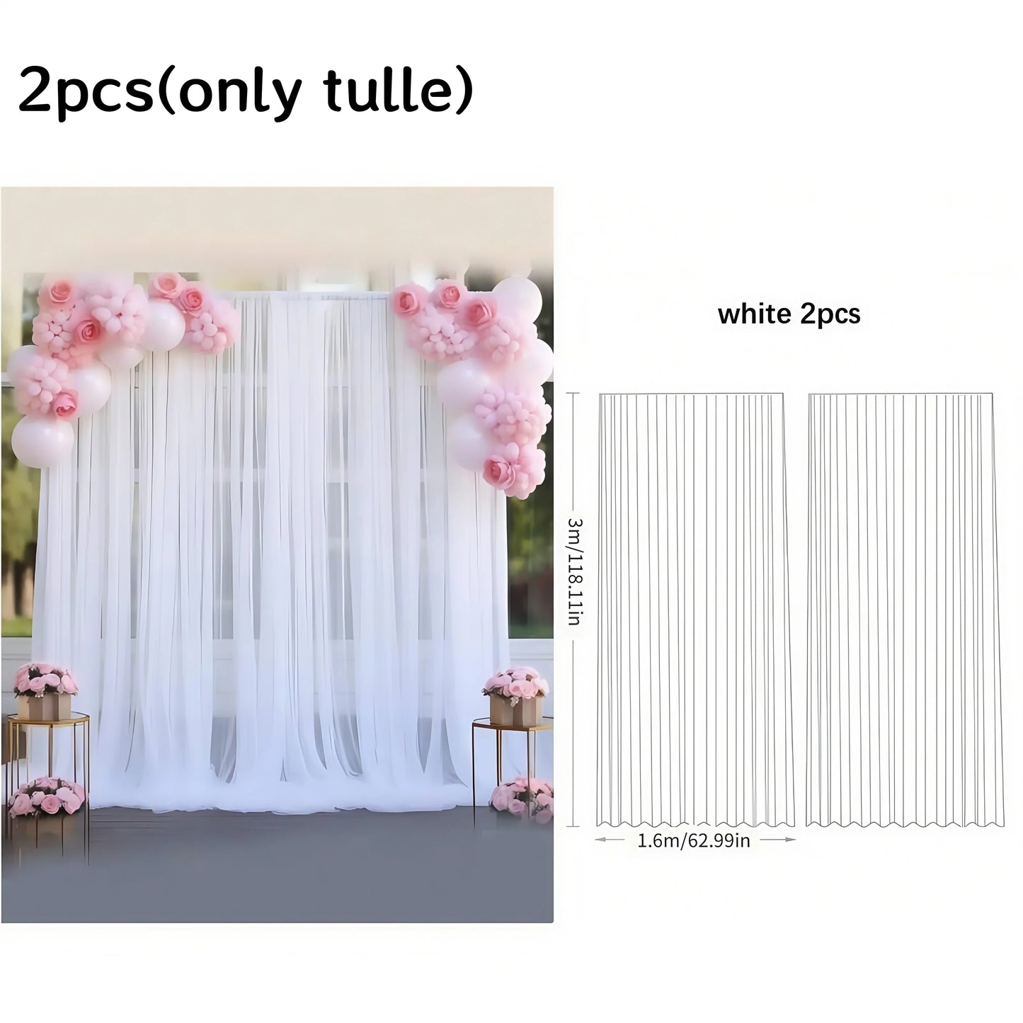 3*3m Tulle Backdrop Curtains, Optional Curtains Light, Decoration for Home Wedding Birthday Party Christmas Photography Backd