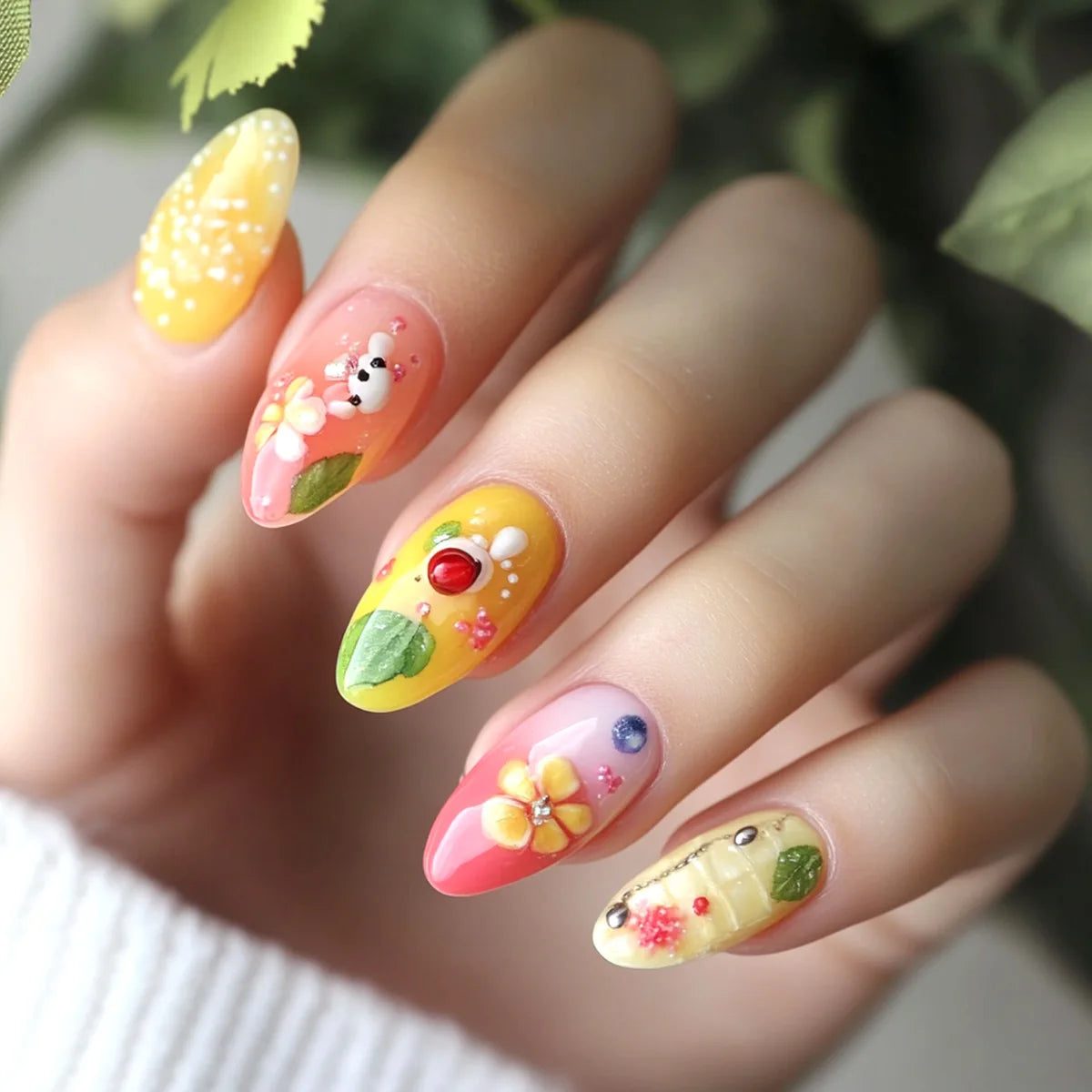 24Pcs Short Round Almond Lovely False Nails Full Cover Fresh Cartoon Fruit Pattern Designs Wearing Nails Art French Summer Na