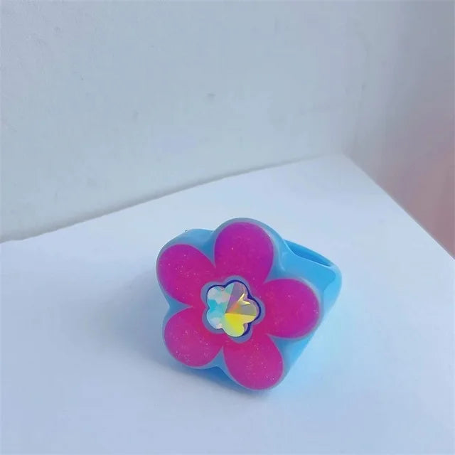 2022 New Sweet Multicolor Resin Oil Drip Ring for Women Geometric Oval Flowers Beads Rhinestones Ring Cute Jewelry HangZhi