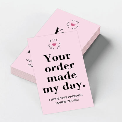 50pcs Pink Thank You Cards With'your Order Made My Day'message,Appreciation Card For Small Business Package,Retailer Thanks N