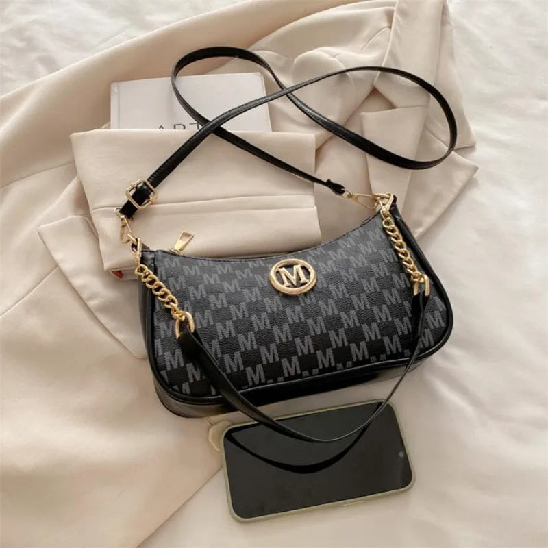 Vintage Style Handbag Crossbody Bag, Gold Letter 'M' Design Pu Leather Shoulder Messenger Bag, Synthetic Leather Tote Bag, Pu