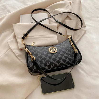 Vintage Style Handbag Crossbody Bag, Gold Letter 'M' Design Pu Leather Shoulder Messenger Bag, Synthetic Leather Tote Bag, Pu