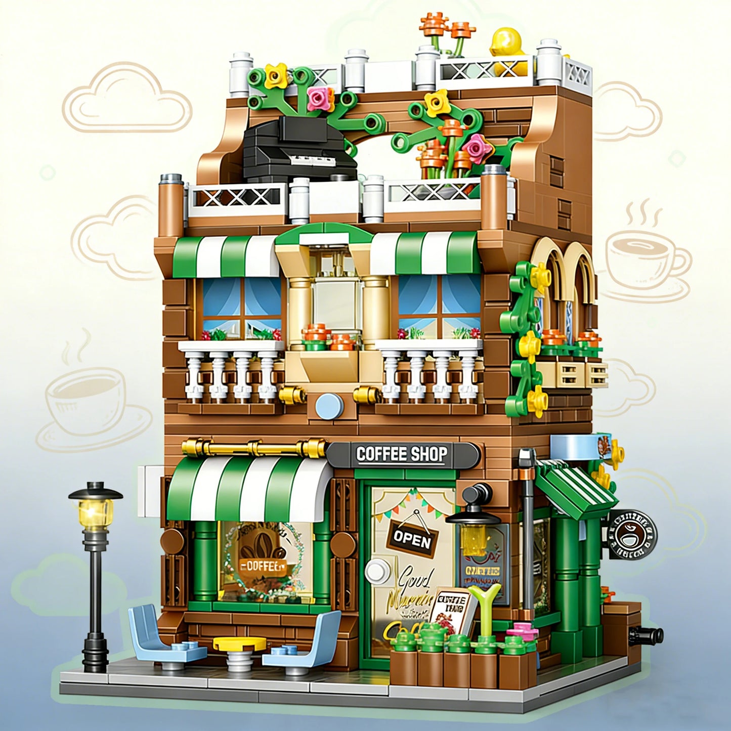 City Architecture Building Blocks Street View Cafe Model Desktop Decoration Children DIY Assembly Toy Holiday Gift - no box