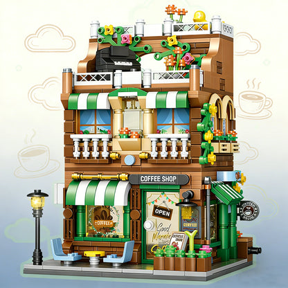 City Architecture Building Blocks Street View Cafe Model Desktop Decoration Children DIY Assembly Toy Holiday Gift - no box