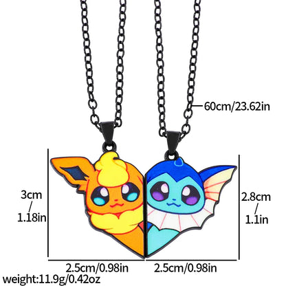 2-piece cute Eevee cartoon pendant necklace with heart patchwork, anime-style metal necklace - XL3396