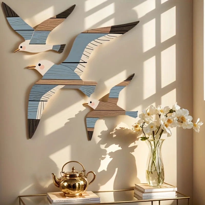 3PCS Wooden Seagull Wall Decorations Nautical Coast Theme Retro Beach Marine Bird Living Room Bedroom Wall Art Decoration
