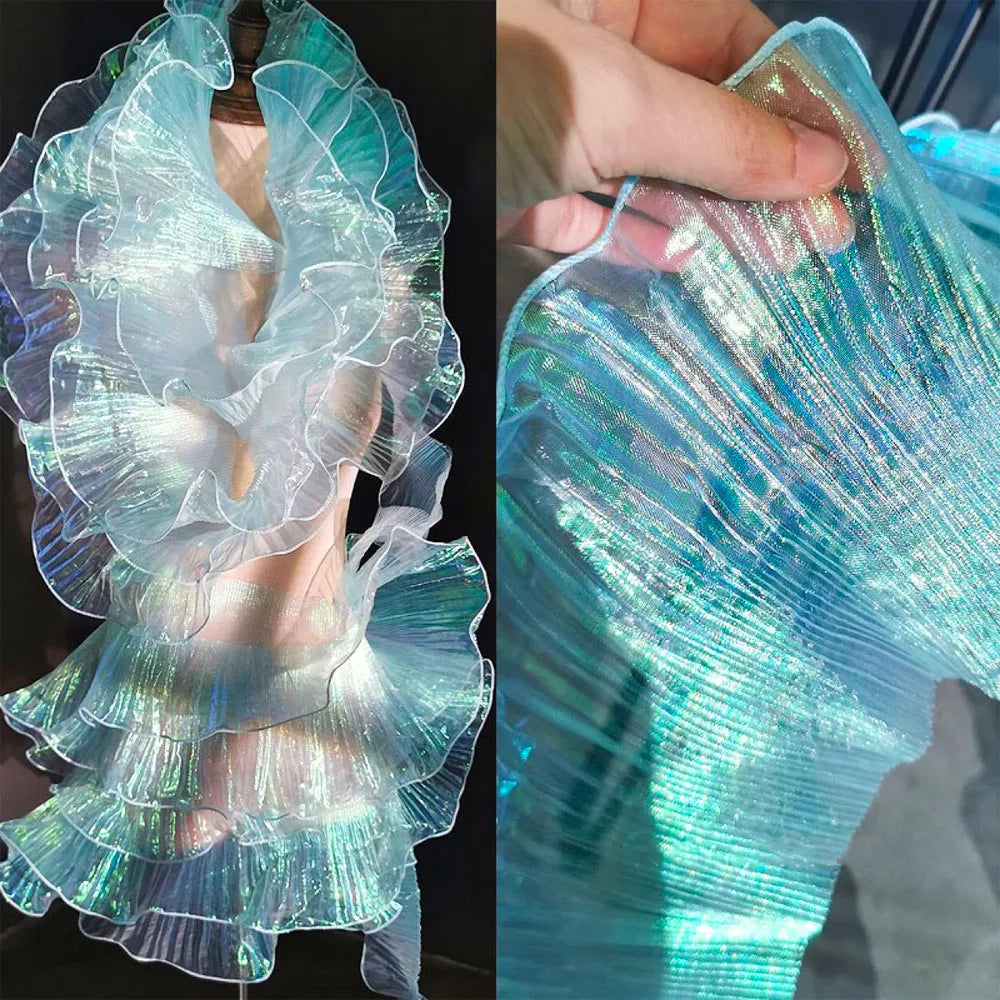 Lace Trim Organza Fabric Mermaid Ruffled Transparent Iridescent Laser Pleated for Patchwork Skirts Wedding Sewing Costume Sup