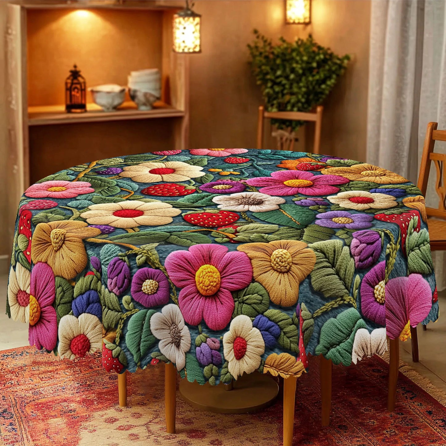 1 Piece of Spring Floral Print Tablecloth, Colorful Flowers, Strawberry Pattern, Embossed Edge Craftsmanship, Available in Ro