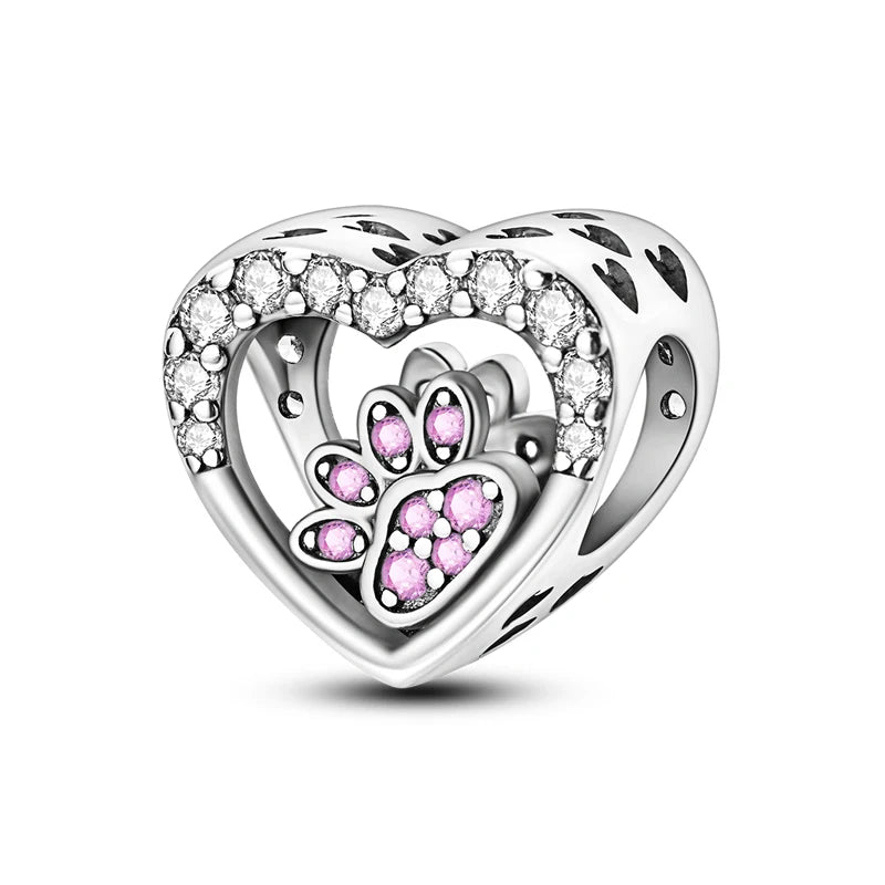 Original 925 Sterling Silver Charms Love Pets Dog Cat Paw Print Pendant Beads Fit Brand Bracelets Necklaces Women DIY Jewelry