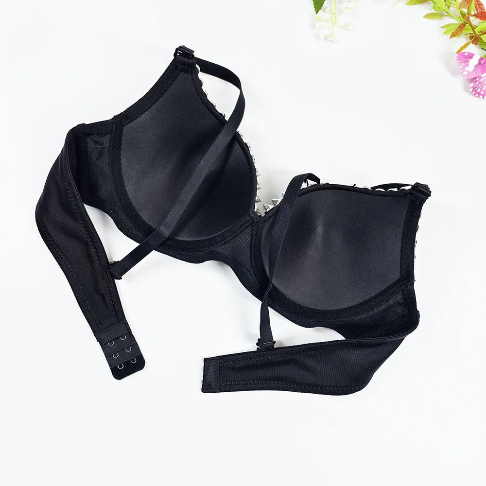 Sexy Rivets Punk Lingerie Underwear,Fashion Metallic Flash Rivet Bra with Wire Free for Women,Nightclub Party Bar Hot Bras