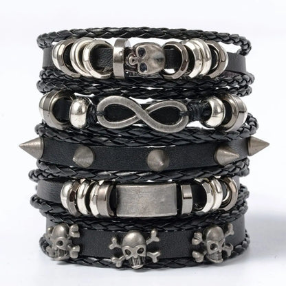 5pcs Metal Diy Braided Punk Style Bracelet Set, Featuring Pu Leather And Beads - 5PCs