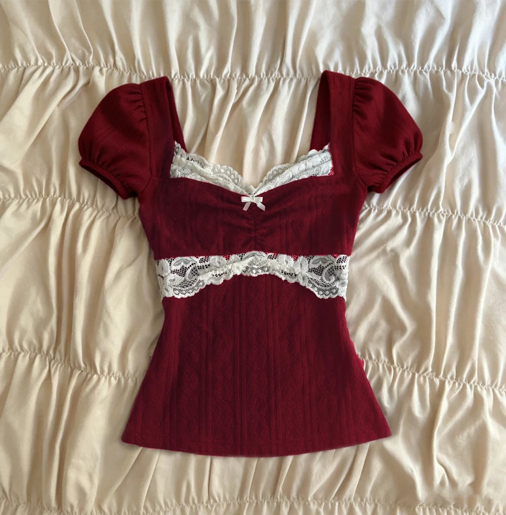 Summer Lace Patchwork Coquette T-shirt Ribbed Knit Slim Fit Milkmaid Tees Women Short Sleeve Y2k Grunge Crop Tops Aesthetic -