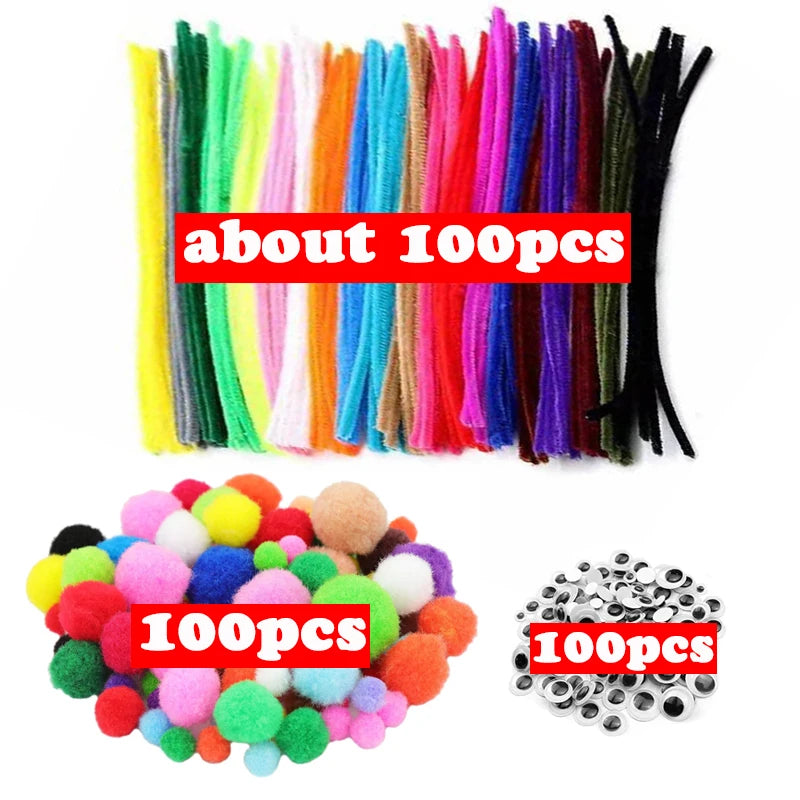 1000pcs Kids Crafts Art Supplies Kit Pipe Cleaners Pompoms Foam Stickers Feather Felt Cloth Button DIY Creative Craft Toy Gif