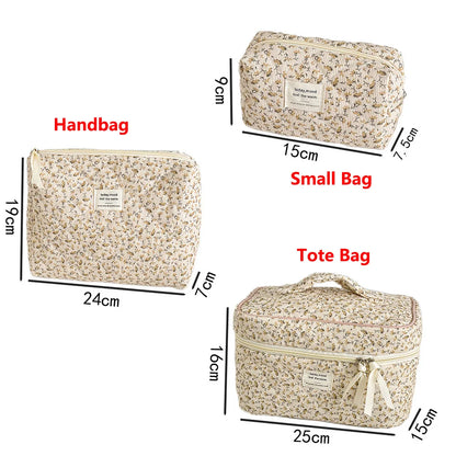 Vintage Women Floral Print Cosmetic Pouch Handbag Travel Orgainzer Make Up Storage Bag Large Capacity Quilted Bag For Gift