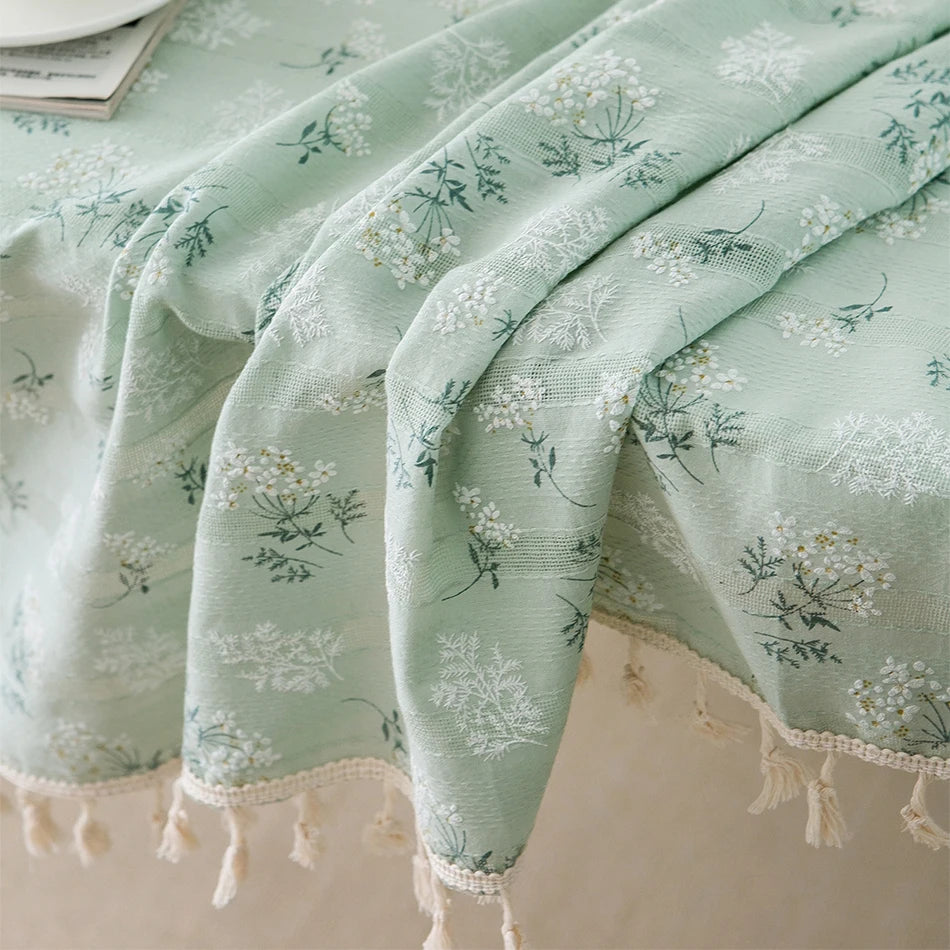 Korean Style Small Daisy Cotton Floral Tablecloth For Kitchen, Wedding, Dining Room - Floral-green Tassels / 60x60cm