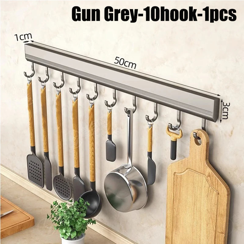 Kitchen Storage Rack Aluminum Alloy Hook Rack Wall Mounted Kitchen Utensil Storage Rack Bathroom Robe Towel Hanger - 10 hooks