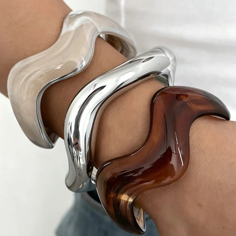 3Pcs Irregular Wavy Cuff Bangle Set For Women Resin Chunky Wave Bracelets Minimalist Stackable Wristband Trendy Jewelry Gift 