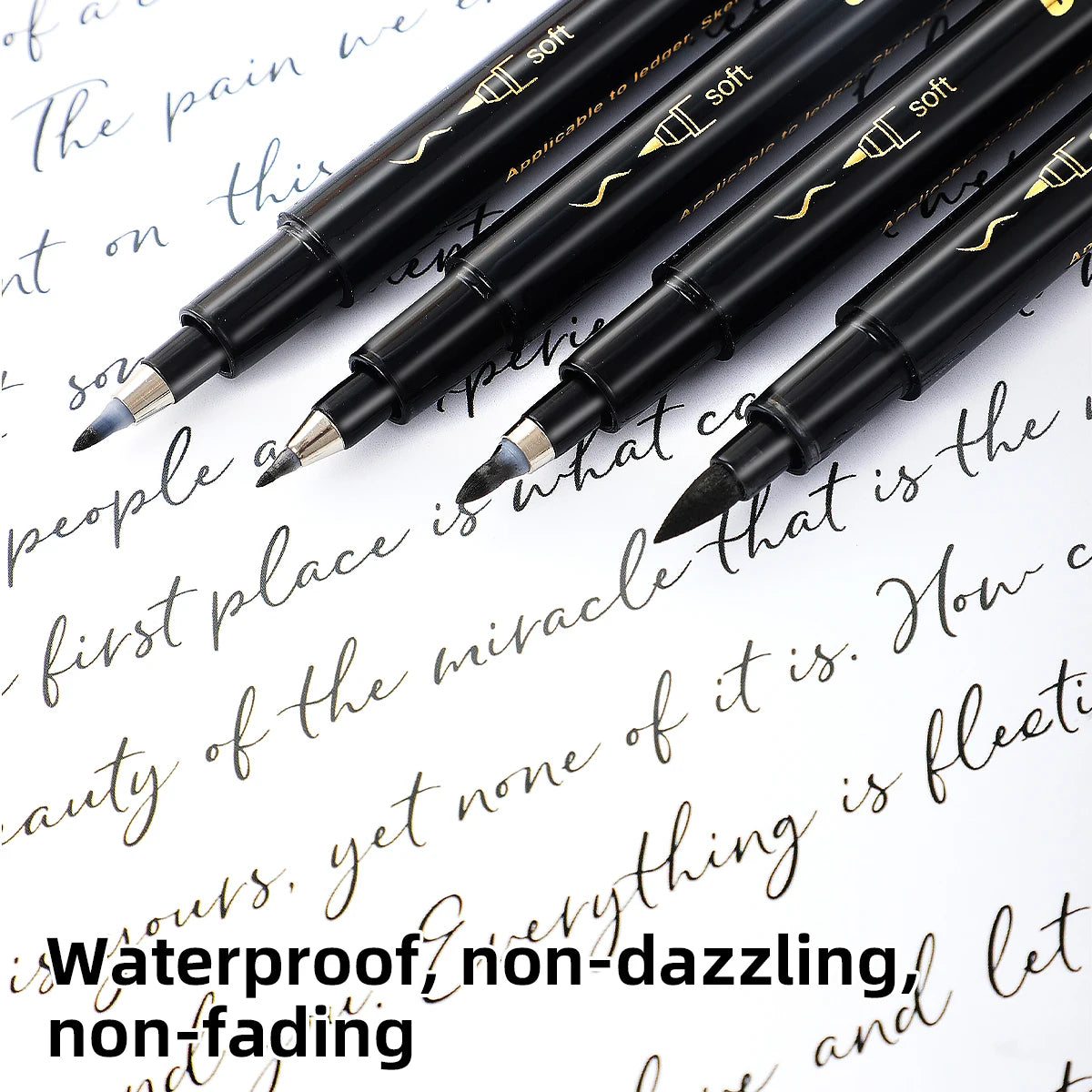 4 Pcs Black Hand Lettering Calligraphy Pen Set Drawing Writing Learning Fine Brush Markers Art Supplies Manga Pen
