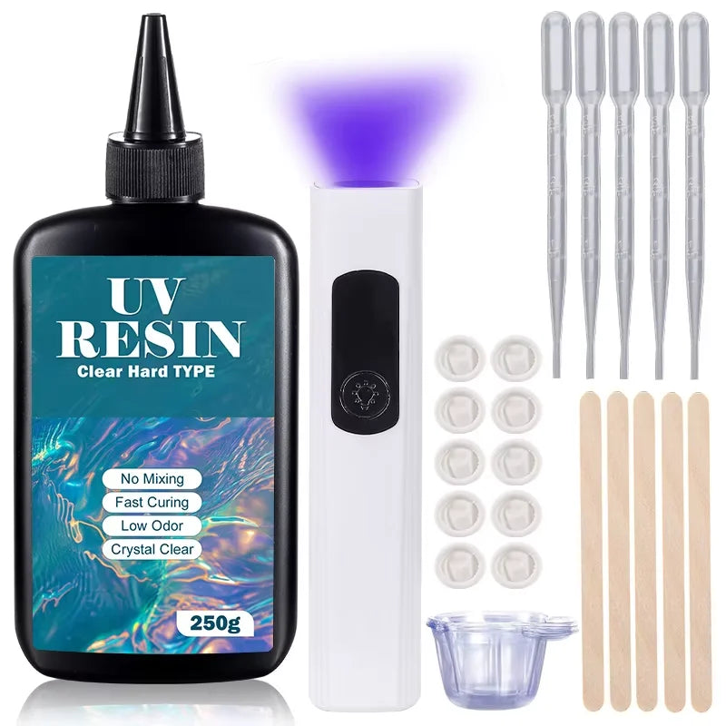 UV Resin Kit with Light Upgraded Hard Type Crystal Clear Ultraviolet Curing UV Resin for Craft DIY Jewelry Making Molds Casti