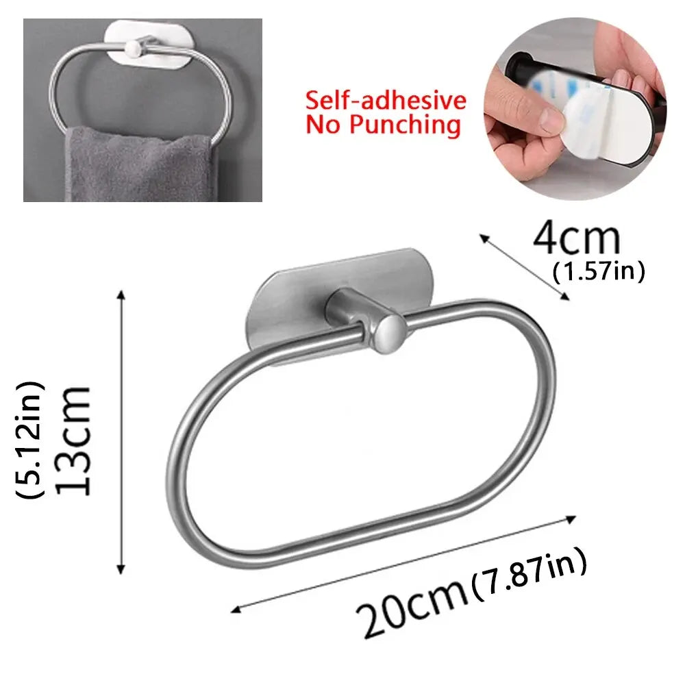 Stainless Steel Towel Holder Self-adhesive Bathroom Towels Rack Black Washhand Hanger Ring Rail Bar Kitchen Storage Accessori