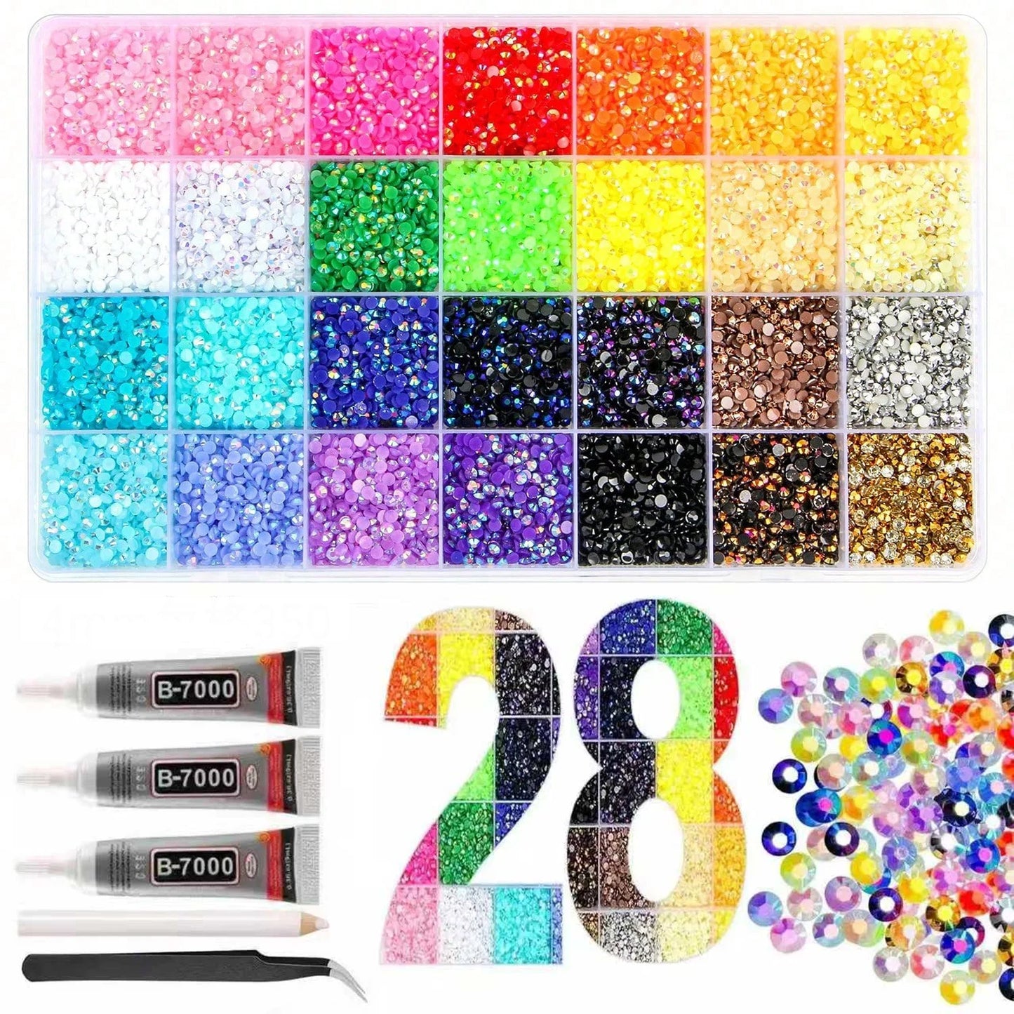 28 grid 3/4/5mm mixed color Jelly/resin drill rhinestone set DIY clothing nail drill phone drill glasses drill hat drill, etc