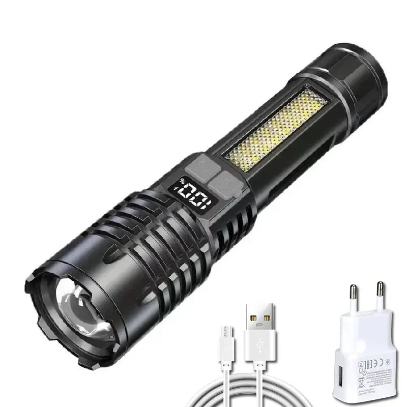 High Power LED Flashlights With Display Screen Zoom Tactical Torch Portable Rechargeable Lamp with Emergency Side Light Lante