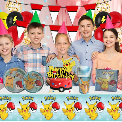 Decoration Pokemon Birthday Party Hats Pikachu Disposable Tableware Tablecloth Cup Plate Napkin Baby Shower Party Favors Poke
