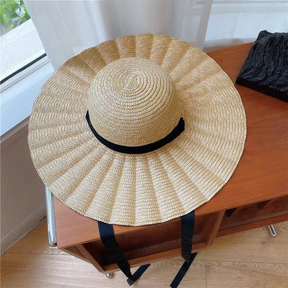 Boater Straw Hat wide brim French elegant square ribbon women's sun hat holiday straw hat 모자 햇빛 가리개 - 63