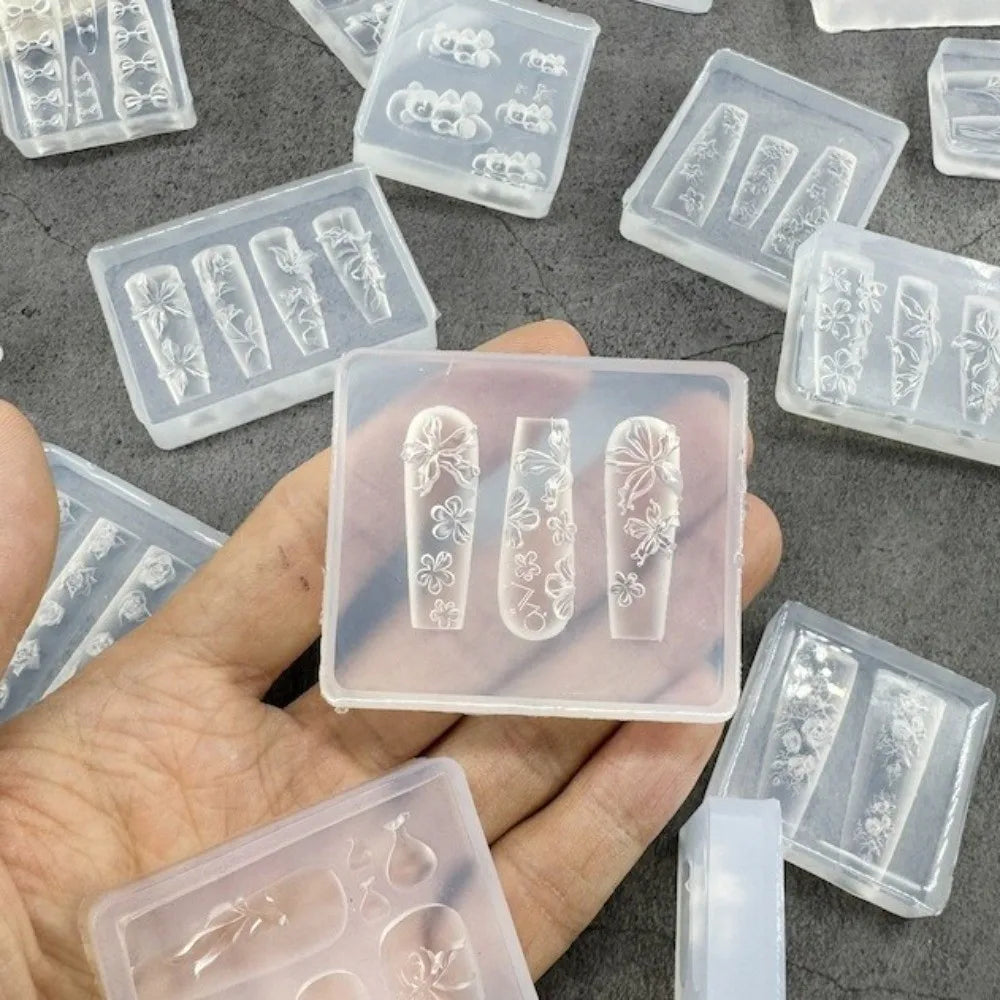New Transparent Nailart Mold 3D Carving Rose Flower Silicone Template with Box Tulip Bow Nail Art Molds Nail Decoration