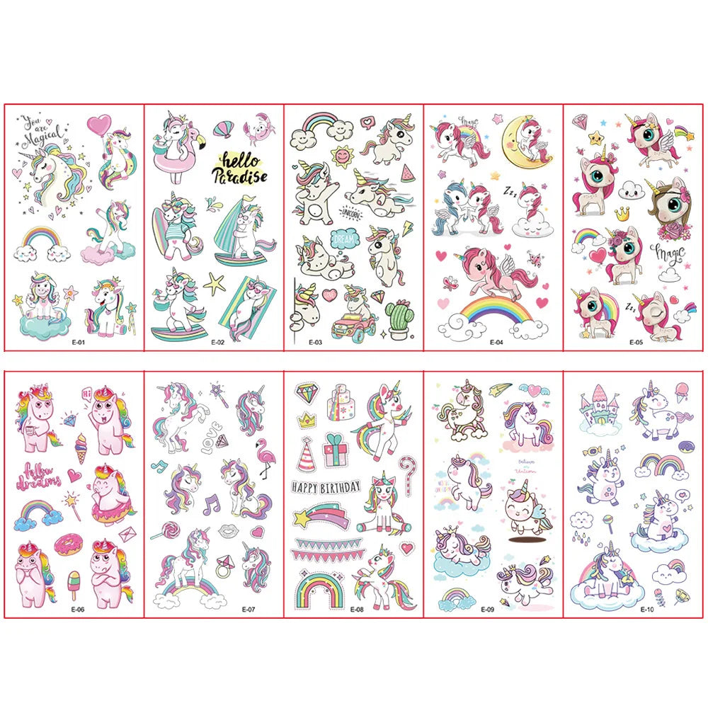 10 Sheets/Pack Kids Cartoon Unicorn Tattoo Sticker for Children's Arm Hands Body Cute Temporary Fake Tatoo